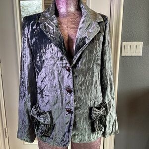 Vintage Y2K Crushed Velvet Bow Jacket Hippie Artsy Indie Firuze Blazer Blue Pur…